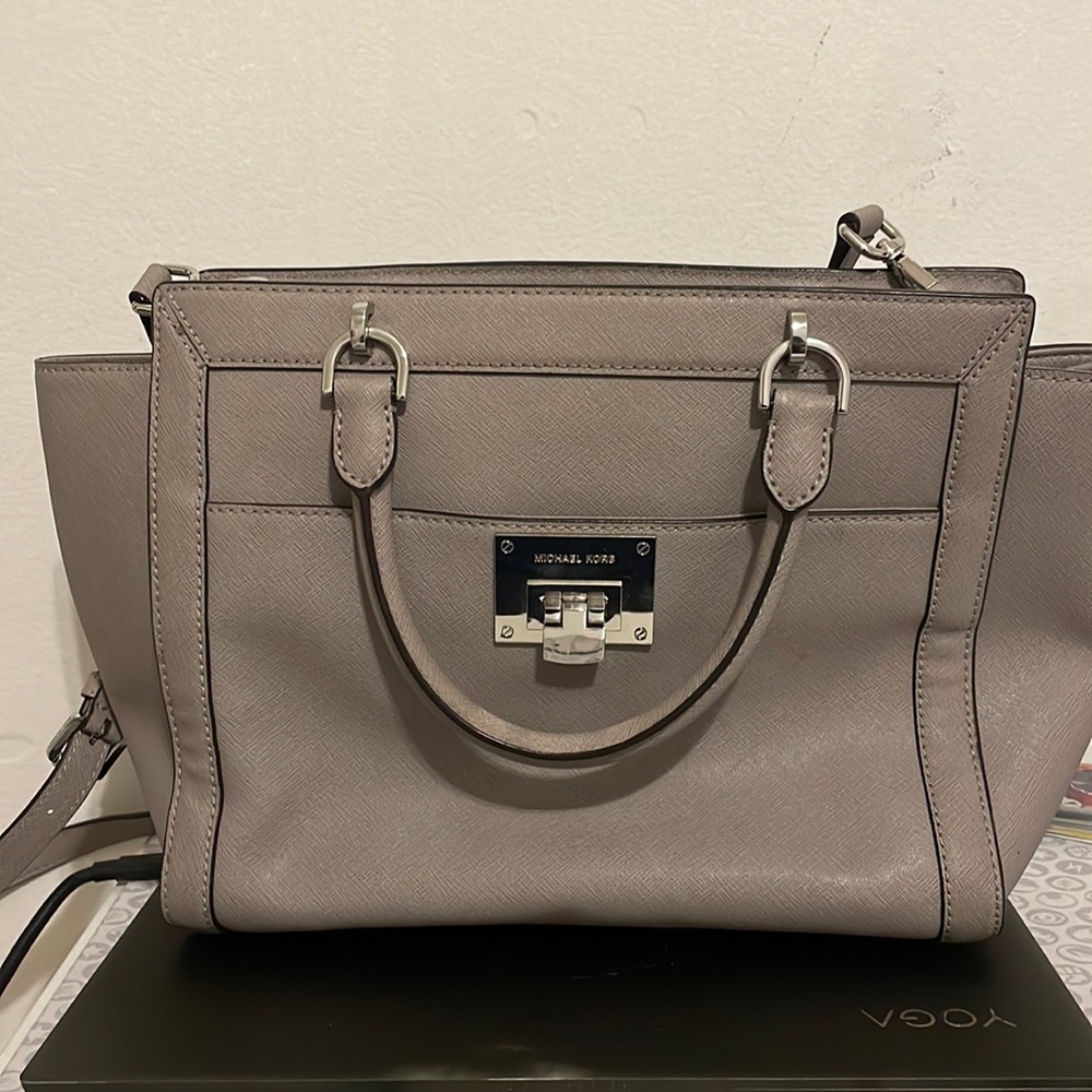 Michael kors grey saffiano leather satchel bag